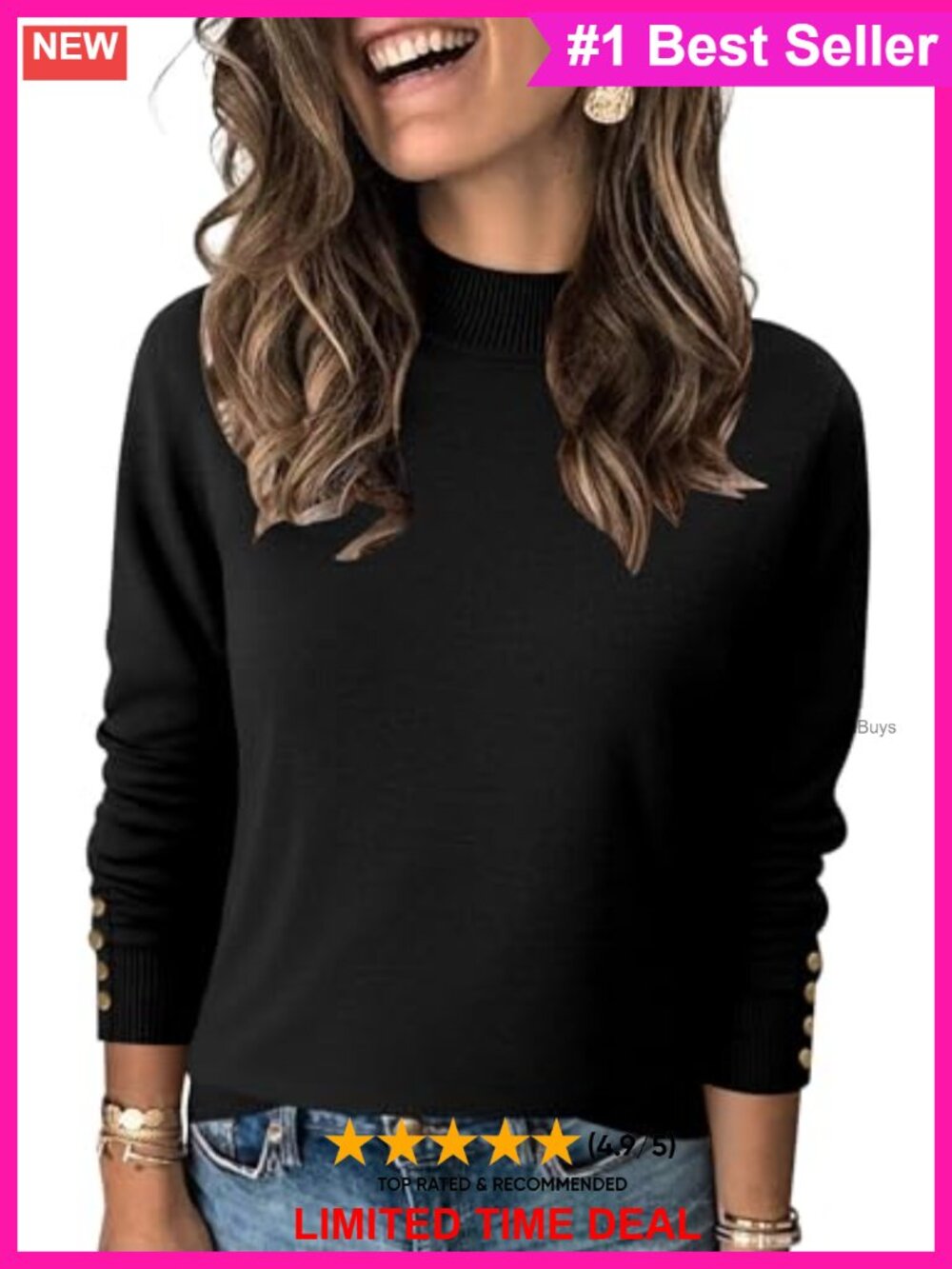 Women's Mock Neck Sweater Long Sleeve Knit Pullover Button Cuffs Fall